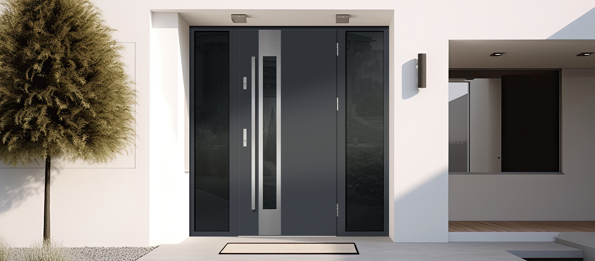 Drzwi stalowe WIENER 3 antracyt jedwabny, label inox szyba grafit